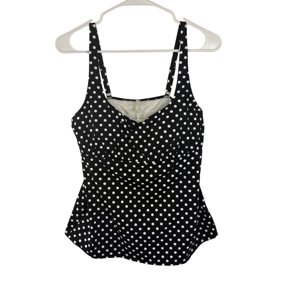 Lands End Polka Dot Tankini Top Black White Adjustable Strap Swimwear Size 12